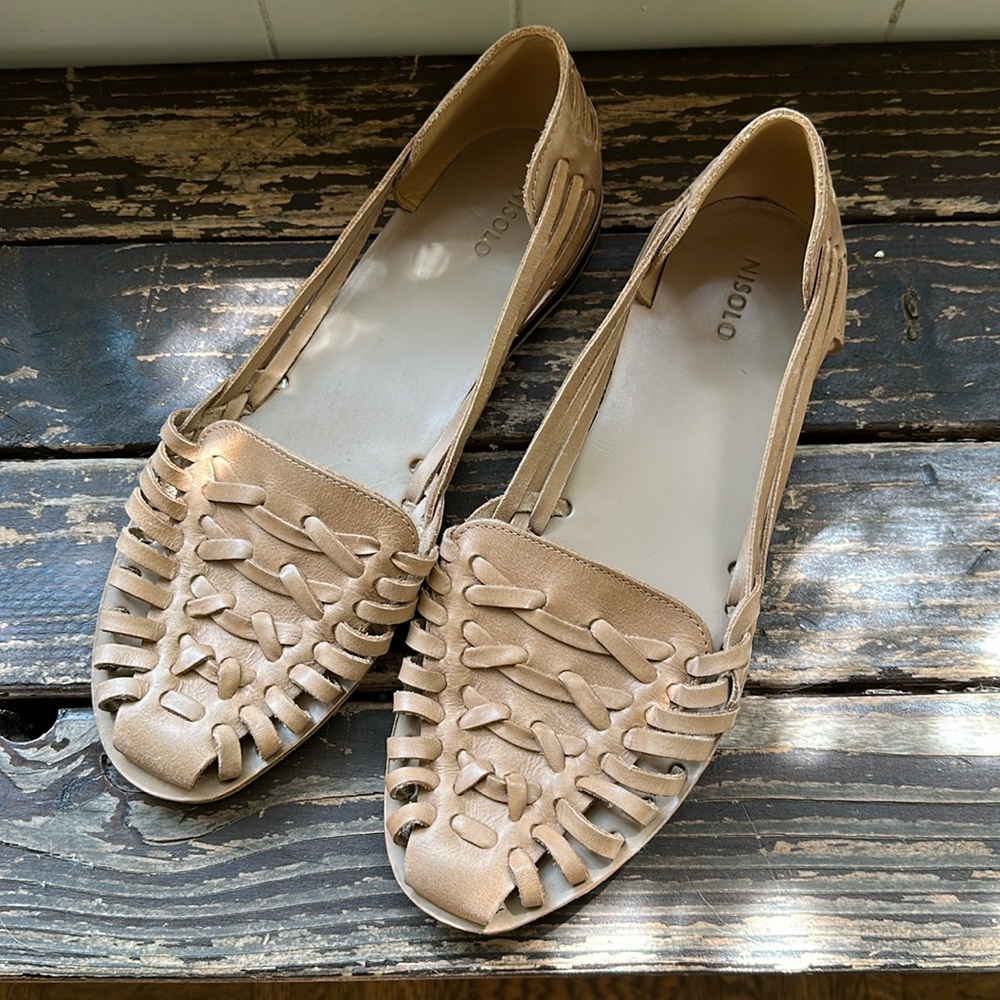 Nisolo Woven Leather Huarache Flat Sandals Almond Size 10